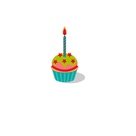 Vector illustration isolated on white background. Birthday cupcake with burning candle. Cupcake with icing and stars.のイラスト素材