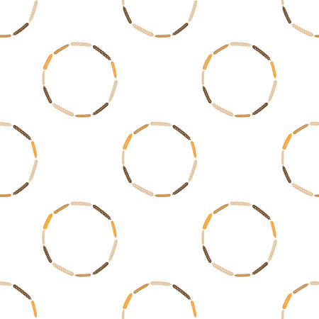Vector illustration of a wreath made of wheat or barley spikelets isolated on a white background with space for text.. Template, seal, design element. Wheat, rye, barley and malt round frame or wreath on white background. Seamless patternのイラスト素材