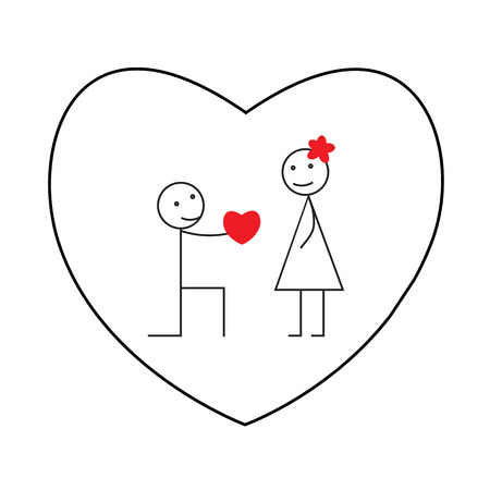 Saint Valentines concept. Young smiling character holding a big pink heart. Declaration of love. line vector illustrationのイラスト素材