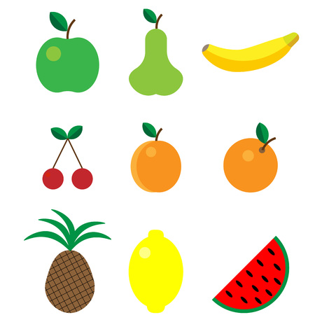 Cute bright colors of fruits vector collections. Set of fruits are apple, lemon, banana, orange, pear, pineapple, cherries, apricot, watermelon Available in eps10 Isolatedのイラスト素材