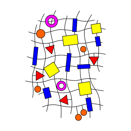 Minimalistic design, creative concept, modern abstract background Geometric element. Blue, yellow and red circles, squares and triangles on curve lines. vector illustrationのイラスト素材