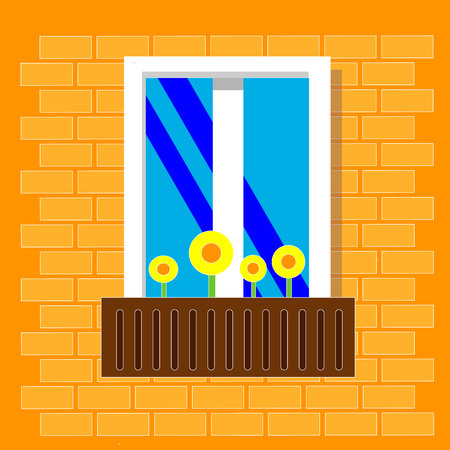 Beautiful bright window with flowers in pots. View outside from the street. Window on brick wall. Vector illustration. Flat style.のイラスト素材