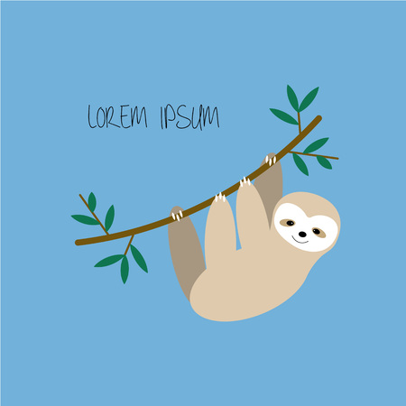 Vector cute sloth hanging on the tree. Adorable rainforest animal isolated on blue background with lettering. eps10のイラスト素材