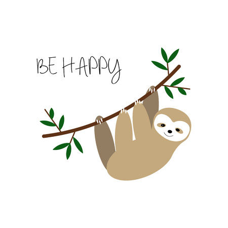 Vector cute sloth hanging on the tree. Adorable rainforest animal isolated on white background with text. eps10のイラスト素材