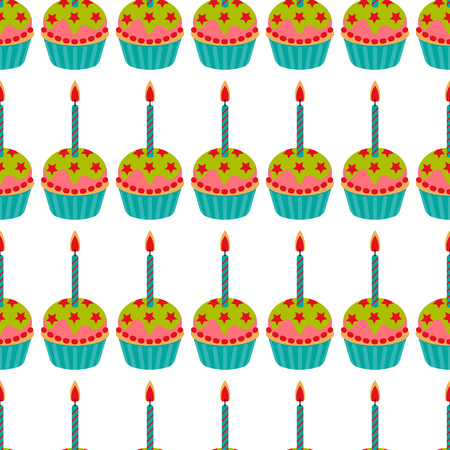 Cupcake with candle seamless pattern. Cake sweet dessert for birthday party, holiday. Vector illustrationのイラスト素材
