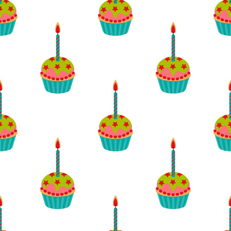 Cupcake with candle seamless pattern. Cake sweet dessert for birthday party, holiday. Vector illustrationのイラスト素材