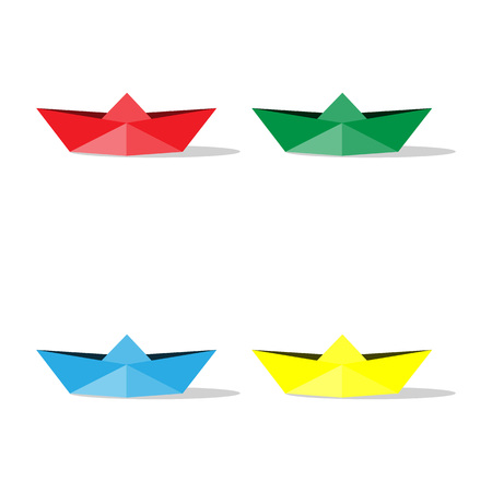 Paper colour boats origami isolated on white background. Vector illustration design element. Red, yellow, blue, green.のイラスト素材