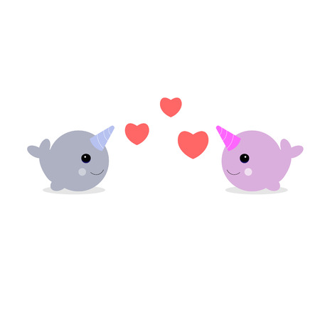 Vector illustraton. Cute cartoon magic narwhal love isolated on white background. funny unicorn whale for child and cards.のイラスト素材