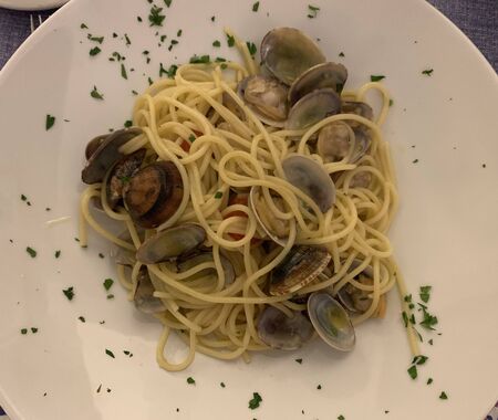 pasta vongole, clam sauce in white plateの写真素材