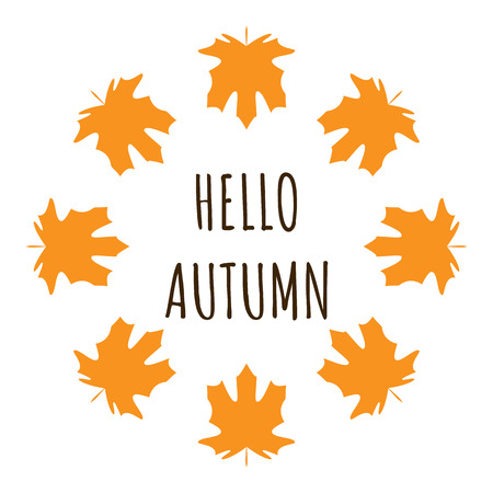Hello Autumn text poster of leaf fall or autumnal foliage of maple for shopping sale design or promo poster and leaflet or web banner round frame.のイラスト素材