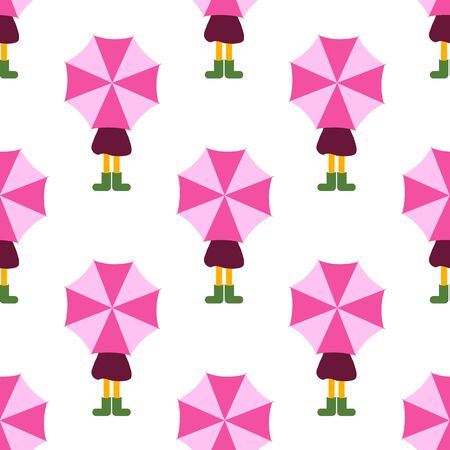 A funny little girl in a pink raincoat holds a bright multi-colored umbrella. Vector cartoon utout child.のイラスト素材