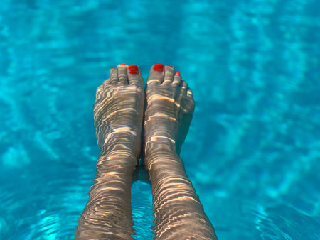 Feet in the swimming pool. Relax, vacation, summer. Red nails, suntanned skin, turquoise water....