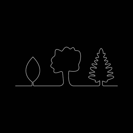 Continuous line drawing of trees white on black background. Vector illustrationのイラスト素材