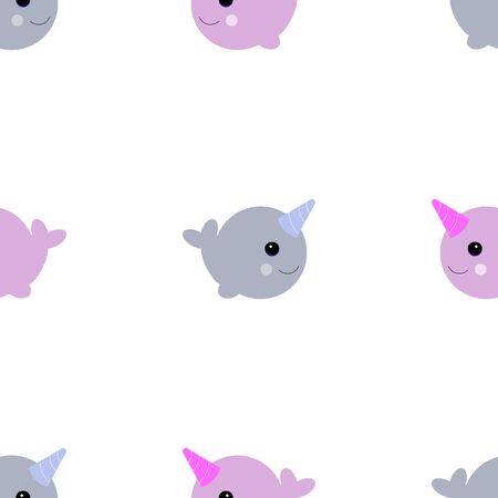 Vector illustration. Cute cartoon magic narwhal isolated on white background. funny unicorn whale for child and cards. seamless patternのイラスト素材