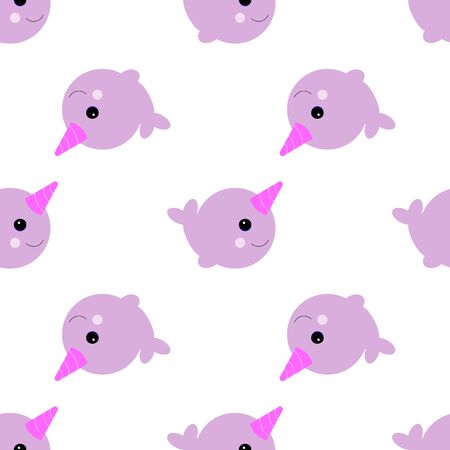 Vector illustration. Cute cartoon magic narwhal isolated on white background. funny unicorn whale for child and cards. Seamless background.の写真素材