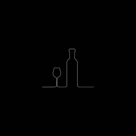 Continuous line drawing. Wine bottle and glass contour. White outline vector on Black background.のイラスト素材
