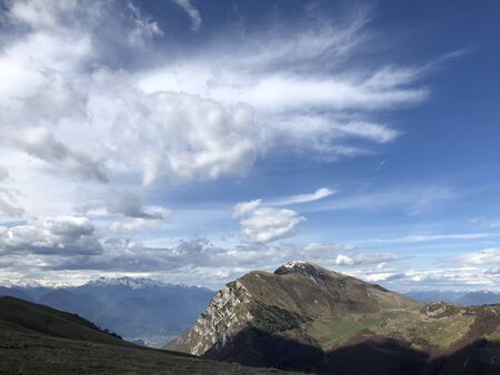 Italy alps scenic mountain landscape shot on Monte Baldo lake Gardaの写真素材