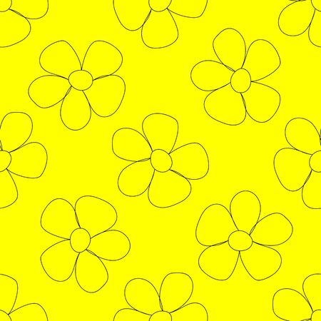 Seamless doodle floral pattern. Black line on yellow backgroundのイラスト素材