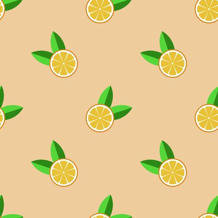 citrus with green leaves seamless vector patternon colored backgroundのイラスト素材