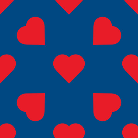 Simple pattern with red hearts on blue. Seamless background for your design.