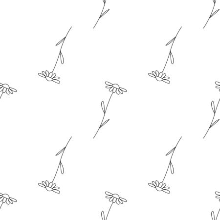 Daisy flowers seamless pattern. Small chamomile, black elements on white background. Cute vector design for floral texture, banner, wallpaper, wrapping paper, scrapbooking, textile print.のイラスト素材