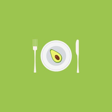 Vector illustration of Avocado on the plate with fork and knife. Clean Eating diet Concept. Healthy food sign symbolのイラスト素材