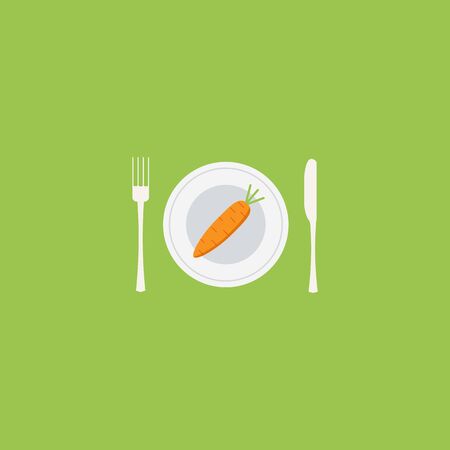 Healthy food on plate flat retro vector illustration. Diet sign. Color background. carrot on the plate with fork and knifeのイラスト素材