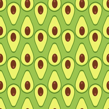 Vector seamless background with half sliced avocado fruit on a green background. flat style designのイラスト素材