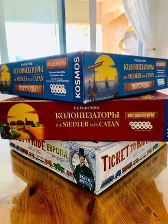 05.04.2020 Cyprus Paphos table games on the table for children and adults in self isolation and quarantineのeditorial素材