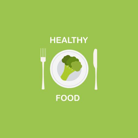part of brocolli on the plate with fork and knife. Vector illustration of vegetable with calligraphy Healthy food.のイラスト素材