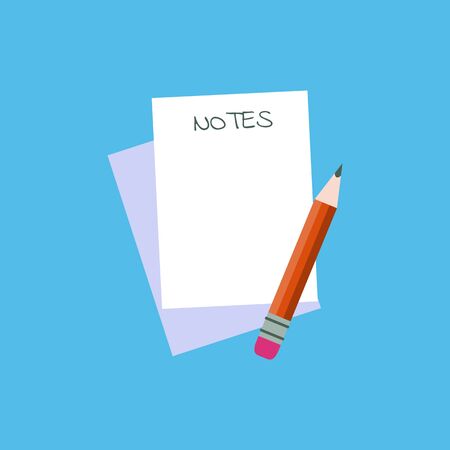 Notebook with pencil. Vector illustration. sheets of Paper with notes text and pencil on blue background. business or education notes conceptのイラスト素材