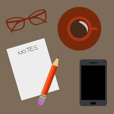 Workplace Desk Smart Phone cup of Coffee glasses sheet of paper pencil Top Angle View Flat Vector Illustration on brownのイラスト素材