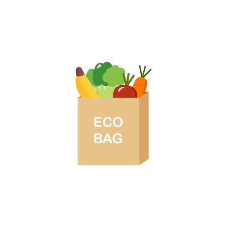 Brown paper bag from local market. Recycled pack with fresh organic food. Healthy vegetables and fruits grown locally. Isolated vector illustration on nutrition and ecological mindset. deliveryのイラスト素材