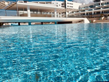 empty swimming pool in resort in quarantine Cyprusの写真素材