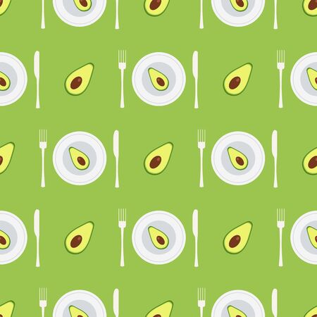 vector seamless pattern with cartoon avocados on a green background and avocado on plate with fork and knife. can be used as Wallpaper, packaging paper design, prints and other thingsのイラスト素材