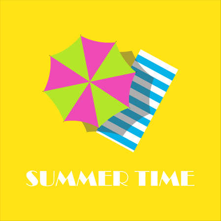 Colorful beach umbrella and Towel with Summer time title on the sandy beach for summer season. Vector Illustration. Summer time bright postcardのイラスト素材