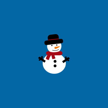Snowy snowman. Festive and Christmas greeting card. Flat design on blue backgroundのイラスト素材