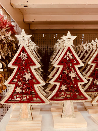 Christmas tree wooden toy decoration on the shelf of supermarket for your designの写真素材