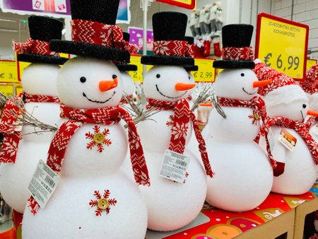 26.10.2020 Cyprus Paphos supermarket snowman soft toy decoration on christmas marketのeditorial素材