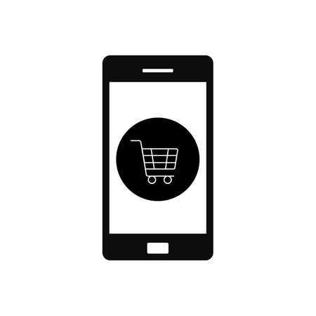 Illustration of online shopping using mobile cell phone with the concept graphic showing mobile screen with cart icon in black and white.のイラスト素材