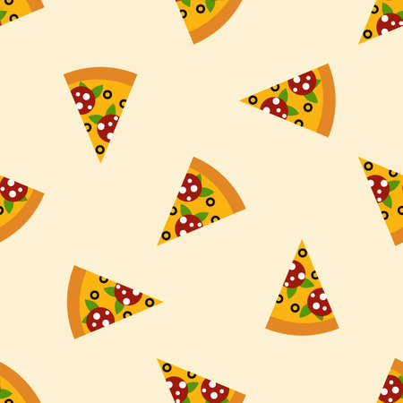 Pizza pieces painted in graphic style. Vector seamless pattern. Useful for restaurant identity, packaging, menu design and interior decoratingのイラスト素材