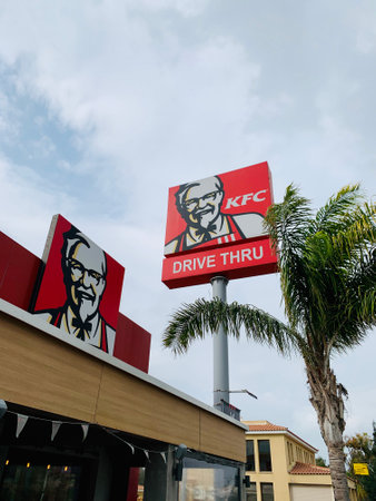 Cyprus Paphos January 17, 2020 KFC drive through sign on KFC Kentucky Fried Chicken restaurantのeditorial素材