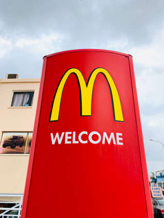 15.01.2021 Cyrus Paphos This is the logo for McDonalds restaurant the worlds largest hamburger chain located on a welcome sign at the entrance of the store.のeditorial素材