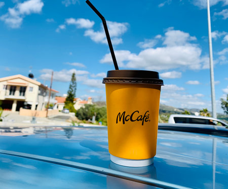 02/14/2021 Cyprus Mccafe McDonald's logo and Hot Coffee of McCafe is made by McDonald's, the largest fast food restaurant chain.のeditorial素材