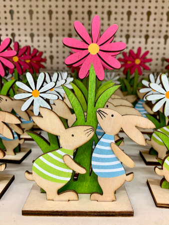 Easter design. Easter Bonny. Bunny rabbit wooden decoration. shop shelfの写真素材