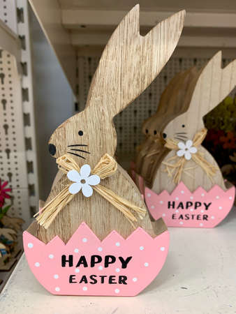 Easter design. Easter Bonny. Bunny rabbit wooden decoration. shop shelfの写真素材