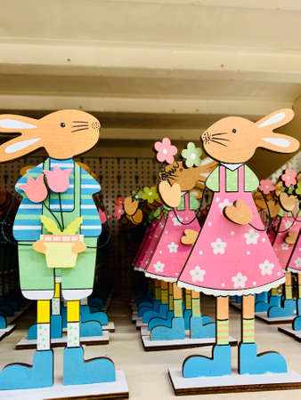 Easter design. Easter Bonny. Bunny rabbit wooden decoration. shop shelfの写真素材
