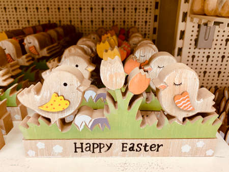 Easter design. Easter Bonny. Bunny rabbit wooden decoration. shop shelfの写真素材