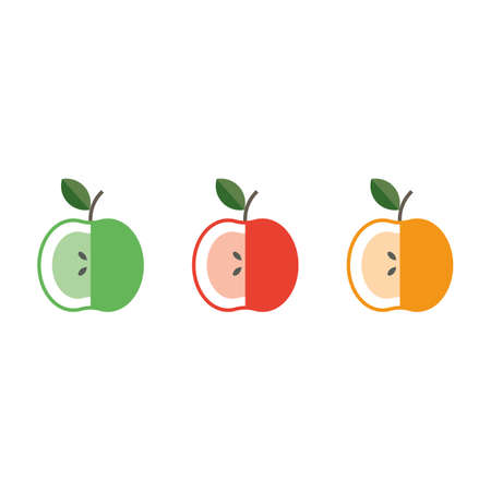 set of apple icons red yellow green half and whole flat illustrationのイラスト素材