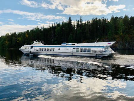 Meteor motorship going on Ladoga Lake and the Nature of Karelia, Russiaの写真素材